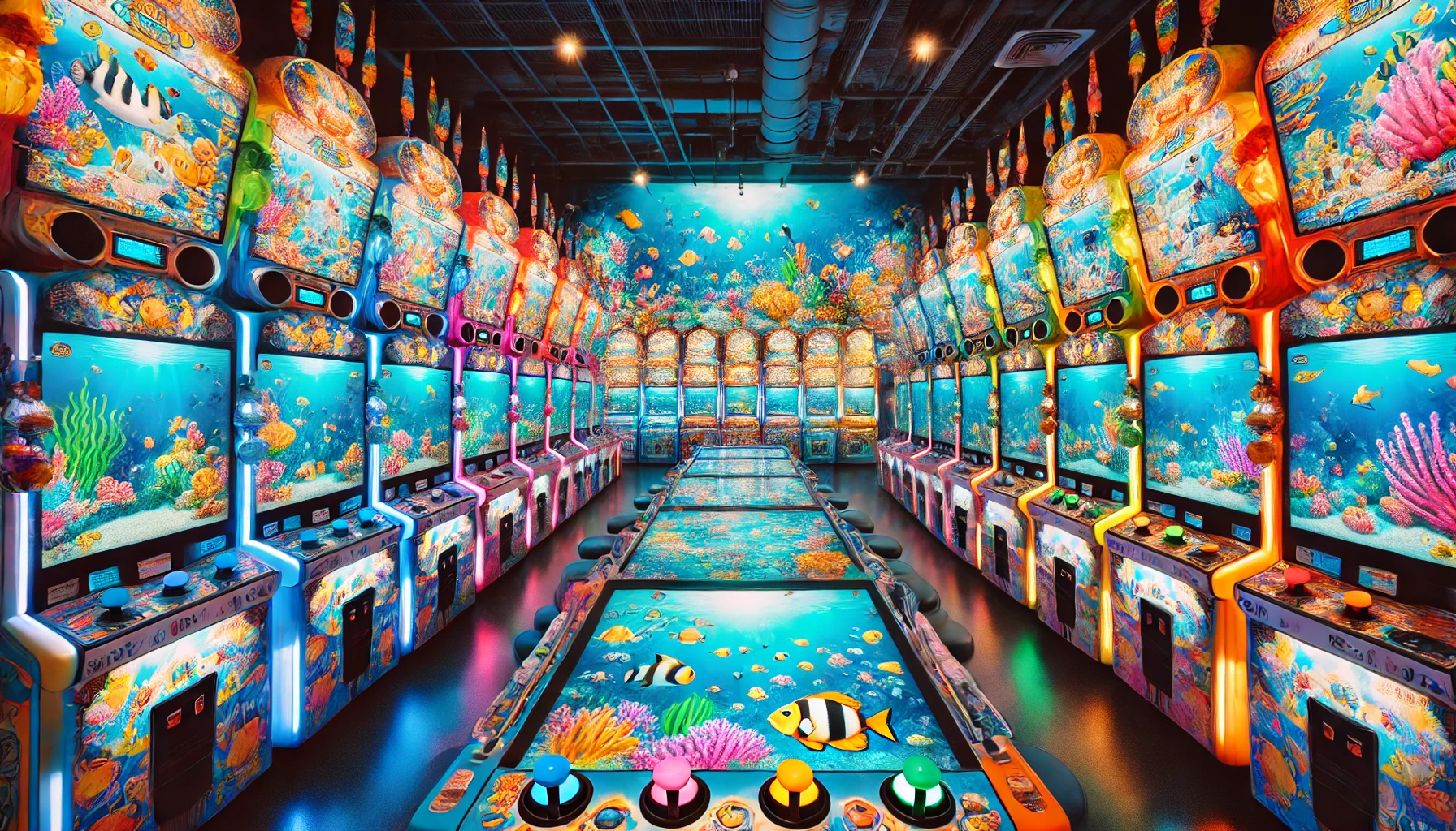捕魚機台遊戲廳,整排機台展示海底世界主題
