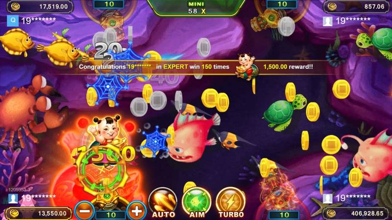 福娃捕魚遊戲中擊中魚群爆金幣畫面